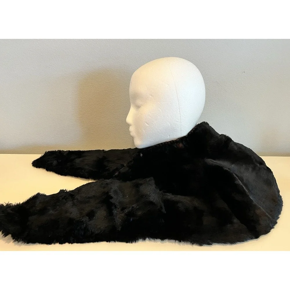 Vintage Fur Scarf Collar Shawl Wrap Black Plush w/ Ruching & Hook/Eye Closures